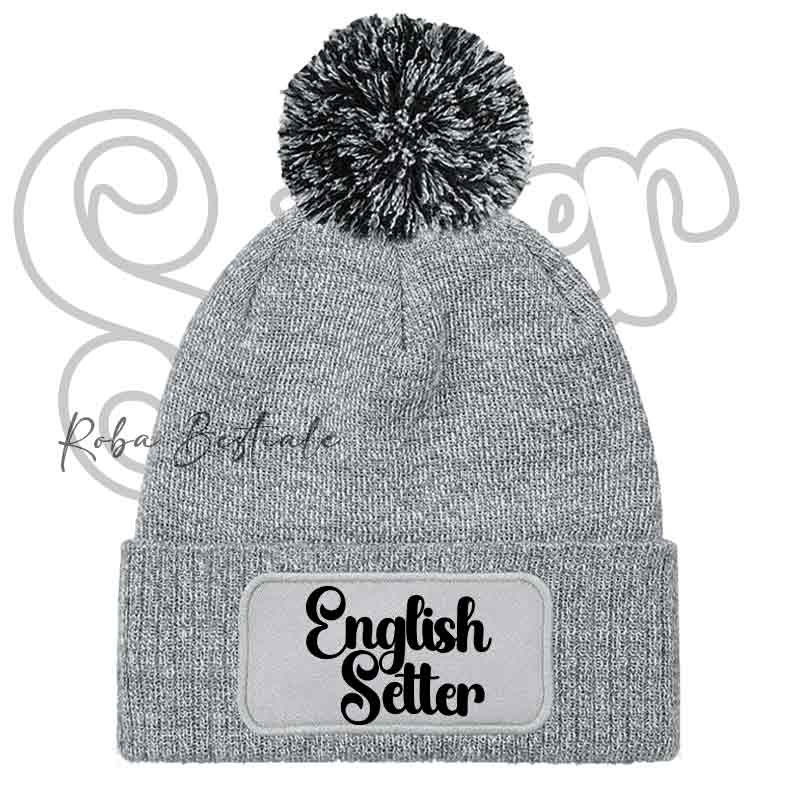 Beanie SETTER INGLESE - Cappellino Invernale con Pon Pon - NERO, BLUE NAVY o GRIGIO - Scritta in colore a scelta