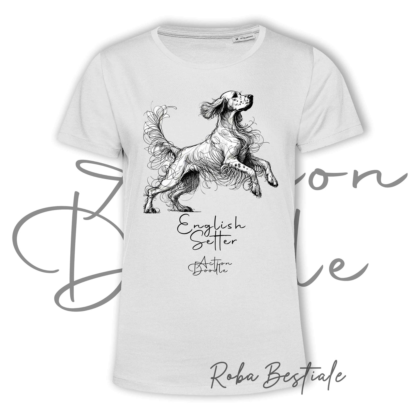 T-Shirt ACTION DOODLE - SETTER INGLESE 1 - 100% Cotone, Bianca, Uomo o Donna - dalla XS alla 5XL