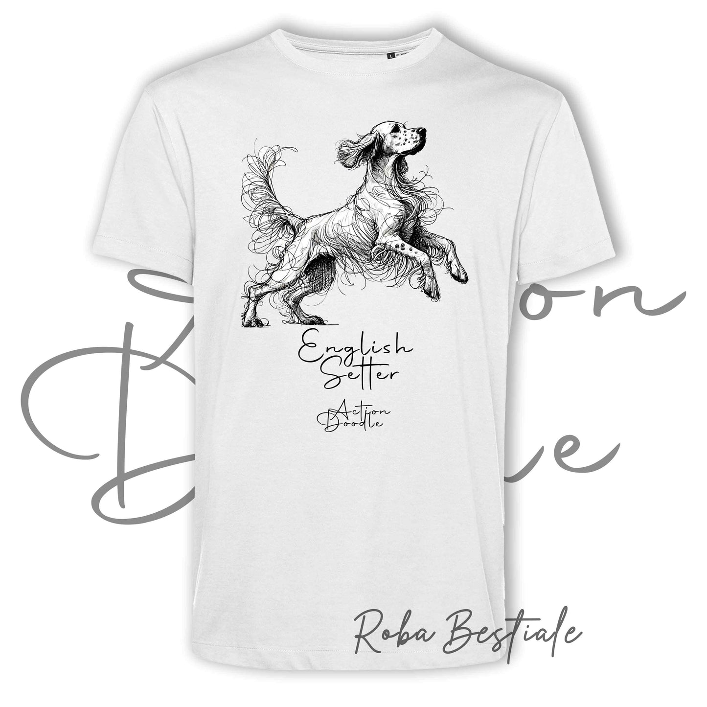 T-Shirt ACTION DOODLE - SETTER INGLESE 1 - 100% Cotone, Bianca, Uomo o Donna - dalla XS alla 5XL