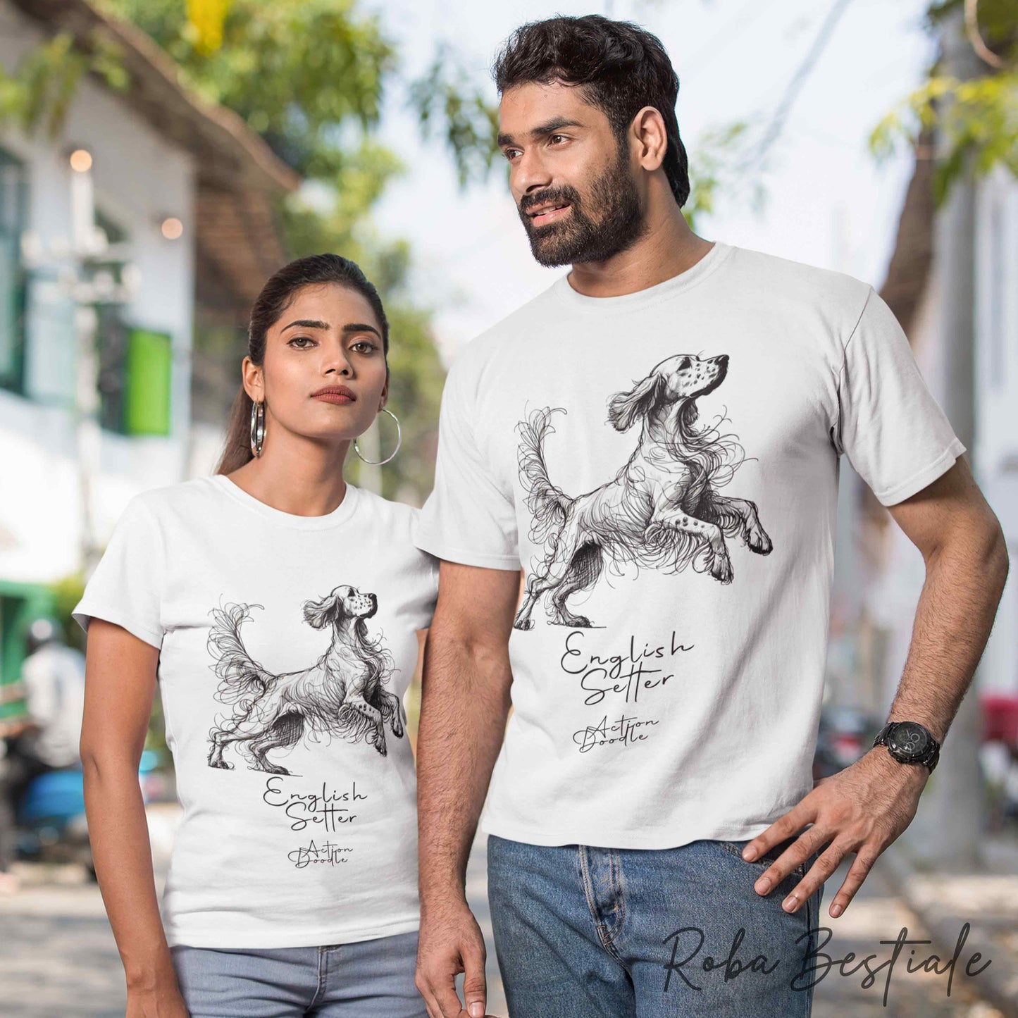 T-Shirt ACTION DOODLE - SETTER INGLESE 1 - 100% Cotone, Bianca, Uomo o Donna - dalla XS alla 5XL