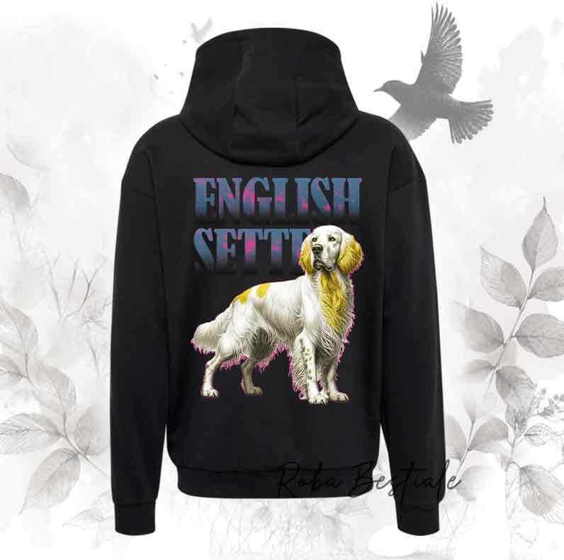 Felpa WILD HUNTERS - SETTER INGLESE Lemon Belton - Scritta con dettagli HOT PINK - Unisex - Nera o Grigia - dalla XS alla 3XL