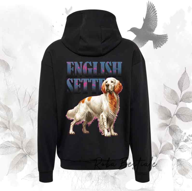 Felpa WILD HUNTERS - SETTER INGLESE Orange Belton - Scritta con dettagli HOT PINK - Unisex - Nera o Grigia - dalla XS alla 3XL