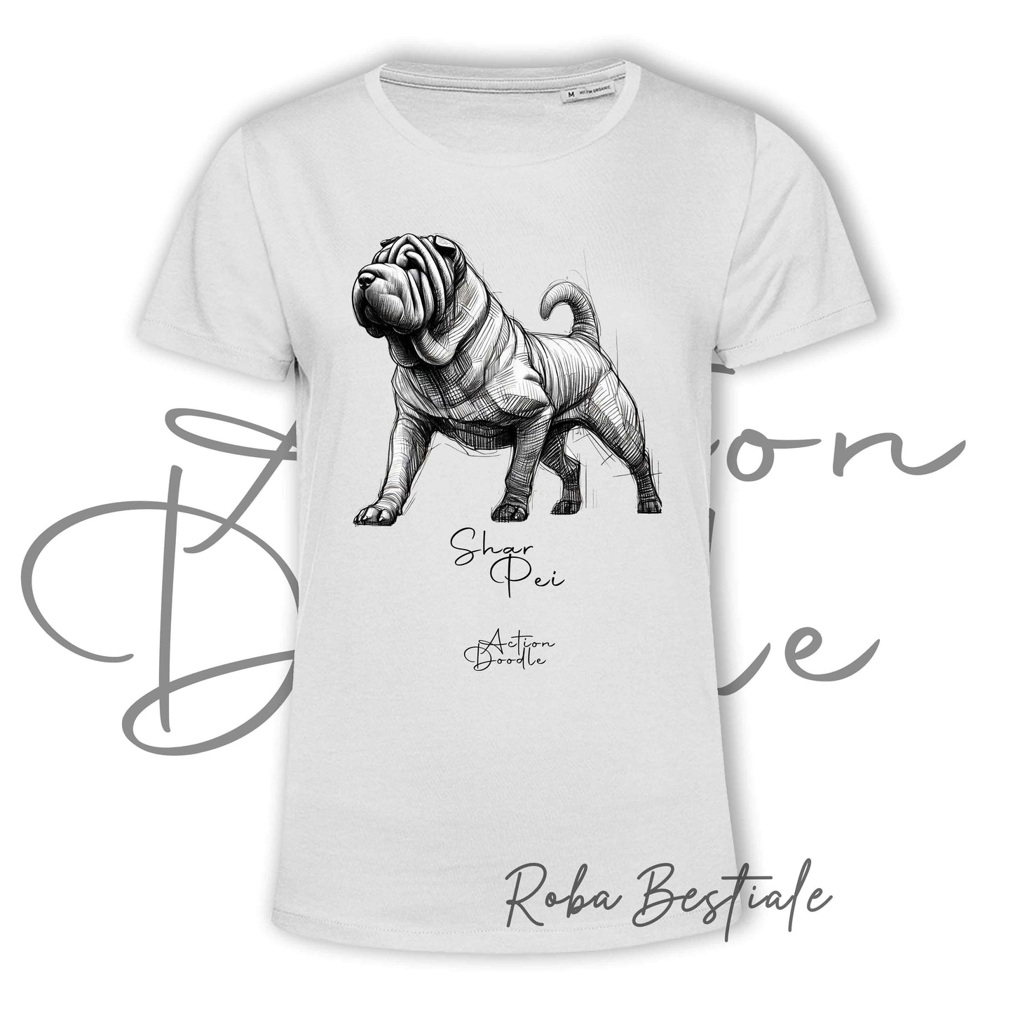 T-Shirt ACTION DOODLE - SHAR PEI - 100% Cotone, Bianca, Uomo o Donna - dalla XS alla 5XL