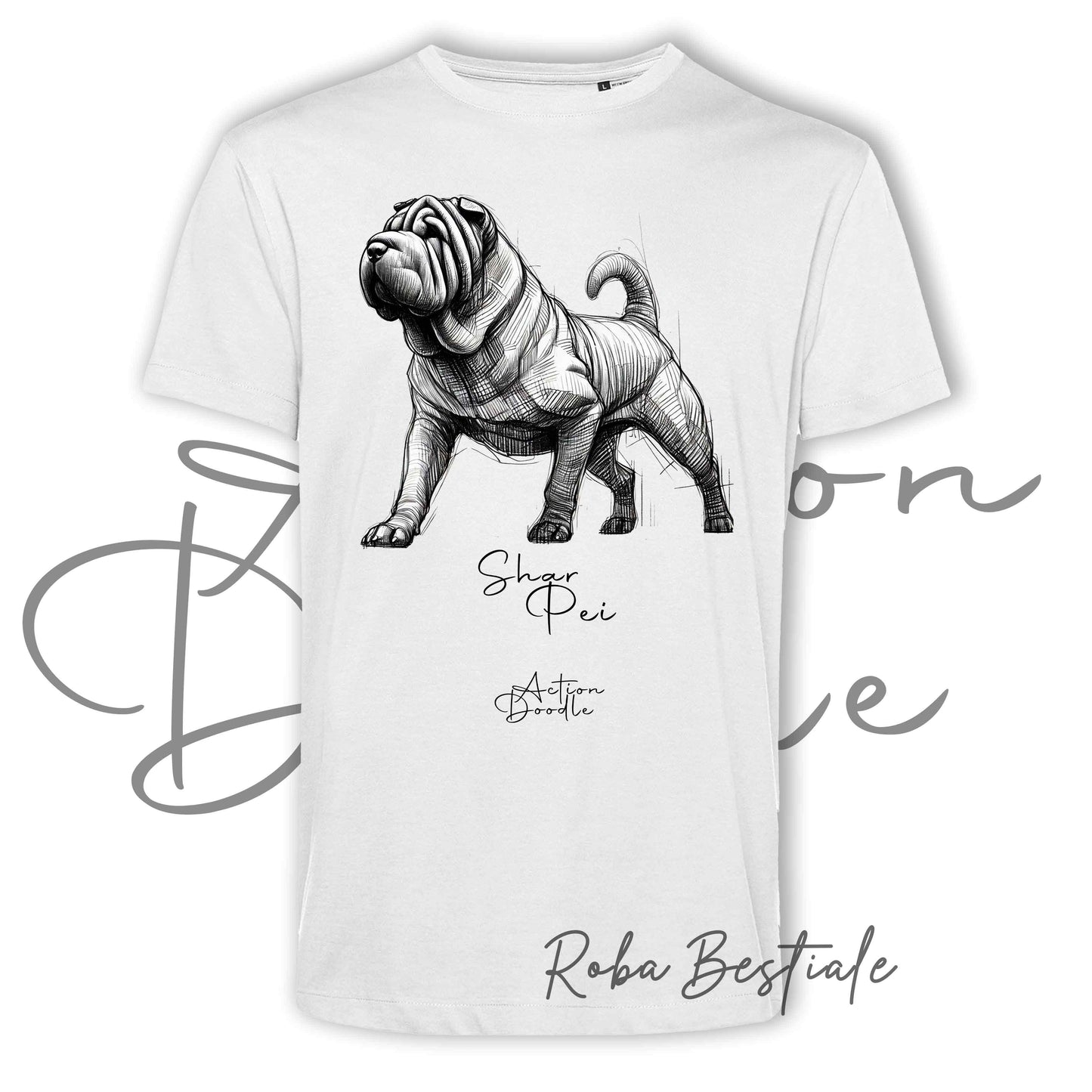 T-Shirt ACTION DOODLE - SHAR PEI - 100% Cotone, Bianca, Uomo o Donna - dalla XS alla 5XL