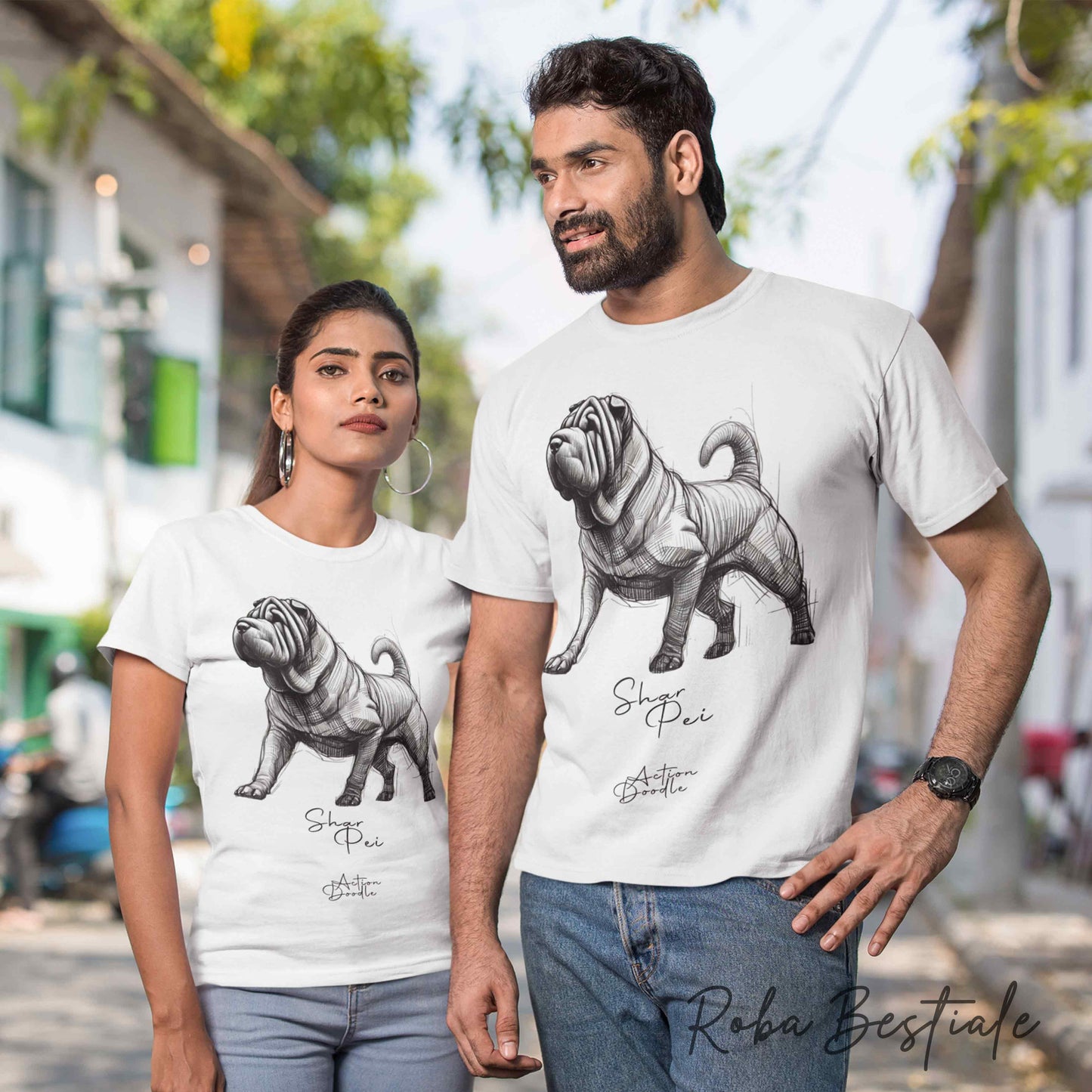 T-Shirt ACTION DOODLE - SHAR PEI - 100% Cotone, Bianca, Uomo o Donna - dalla XS alla 5XL