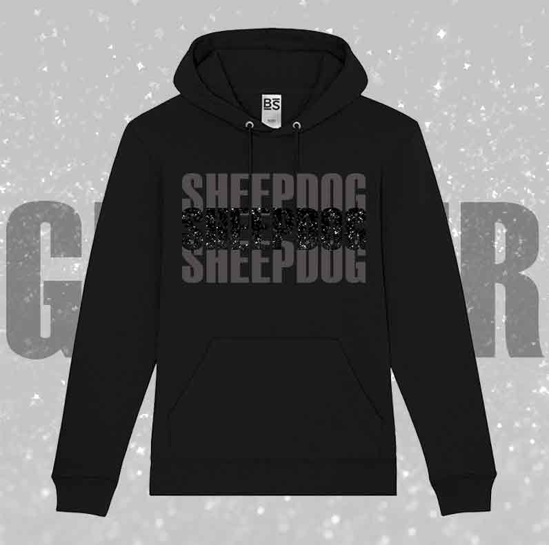 Felpa SOLO SCRITTE - SHEEPDOG - Nera o Grigia, Scritta in Vinile GLITTER Ultra Brillante in colore a scelta - Unisex - dalla XS alla 3XL