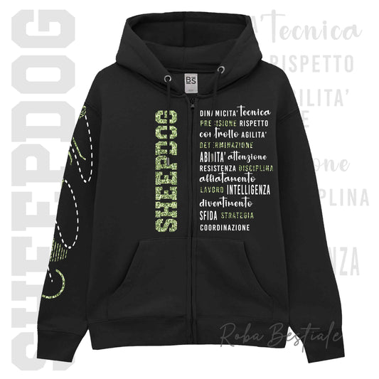 Felpa Zip DESCRIPTION - SHEEPDOG - GLITTER! Unisex - Nera - Dettagli in Colore a Scelta - dalla XS alla 3XL