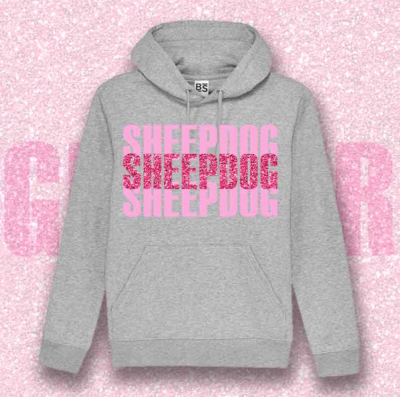 Felpa SOLO SCRITTE - SHEEPDOG - Nera o Grigia, Scritta in Vinile GLITTER Ultra Brillante in colore a scelta - Unisex - dalla XS alla 3XL