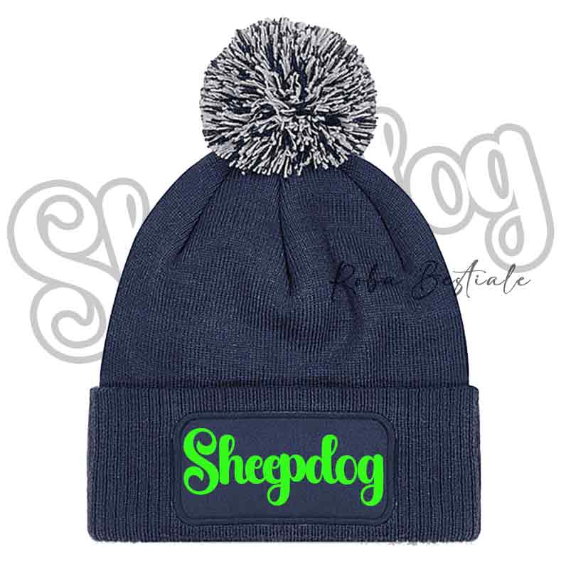 Beanie SHEEPDOG - Cappellino Invernale con Pon Pon - NERO, BLUE NAVY o GRIGIO - Scritta in colore a scelta