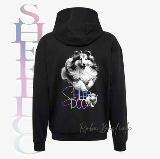 Felpa FLASHY SHEEPDOG - SHETLAND SHEEPDOG - Unisex - Nera o Grigia - dalla XS alla 3XL - Scritta Olografica Cangiante!