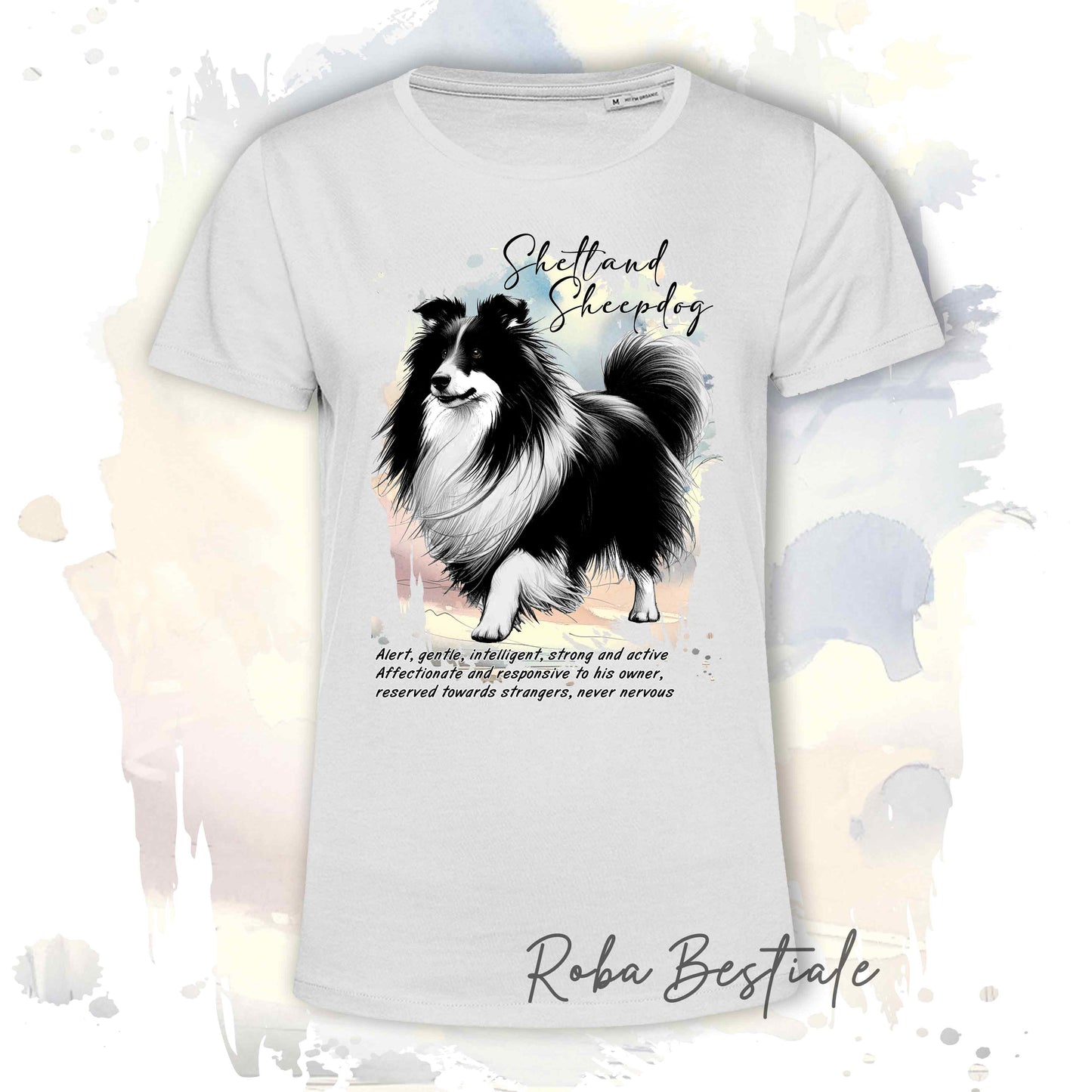 T-Shirt BEHAVIOR - SHETLAND SHEEPDOG Bianco e Nero - Standard FCI - 100% Cotone, Bianca, Uomo o Donna - dalla XS alla 5XL