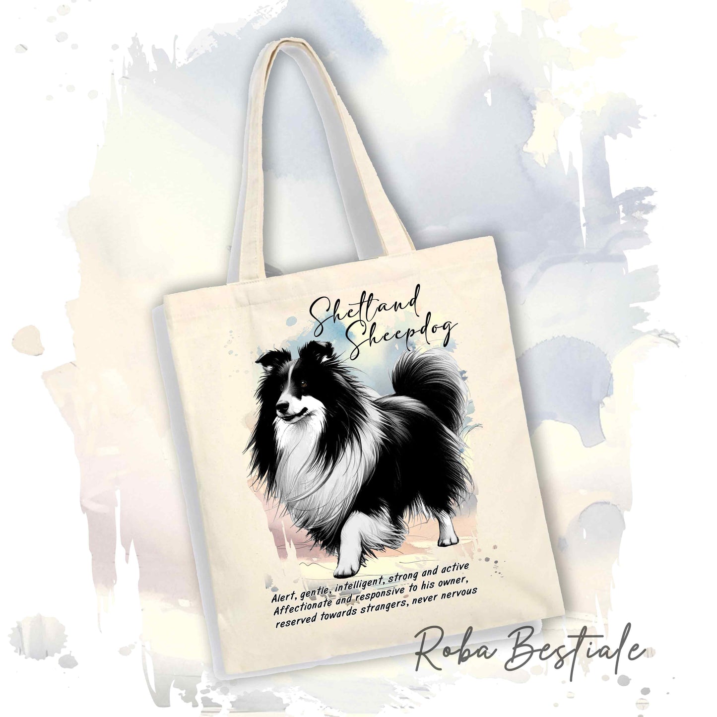 Shopper BEHAVIOR - SHETLAND SHEEPDOG Bianco e Nero - Standard FCI - Diversi colori disponibili, 100% Cotone