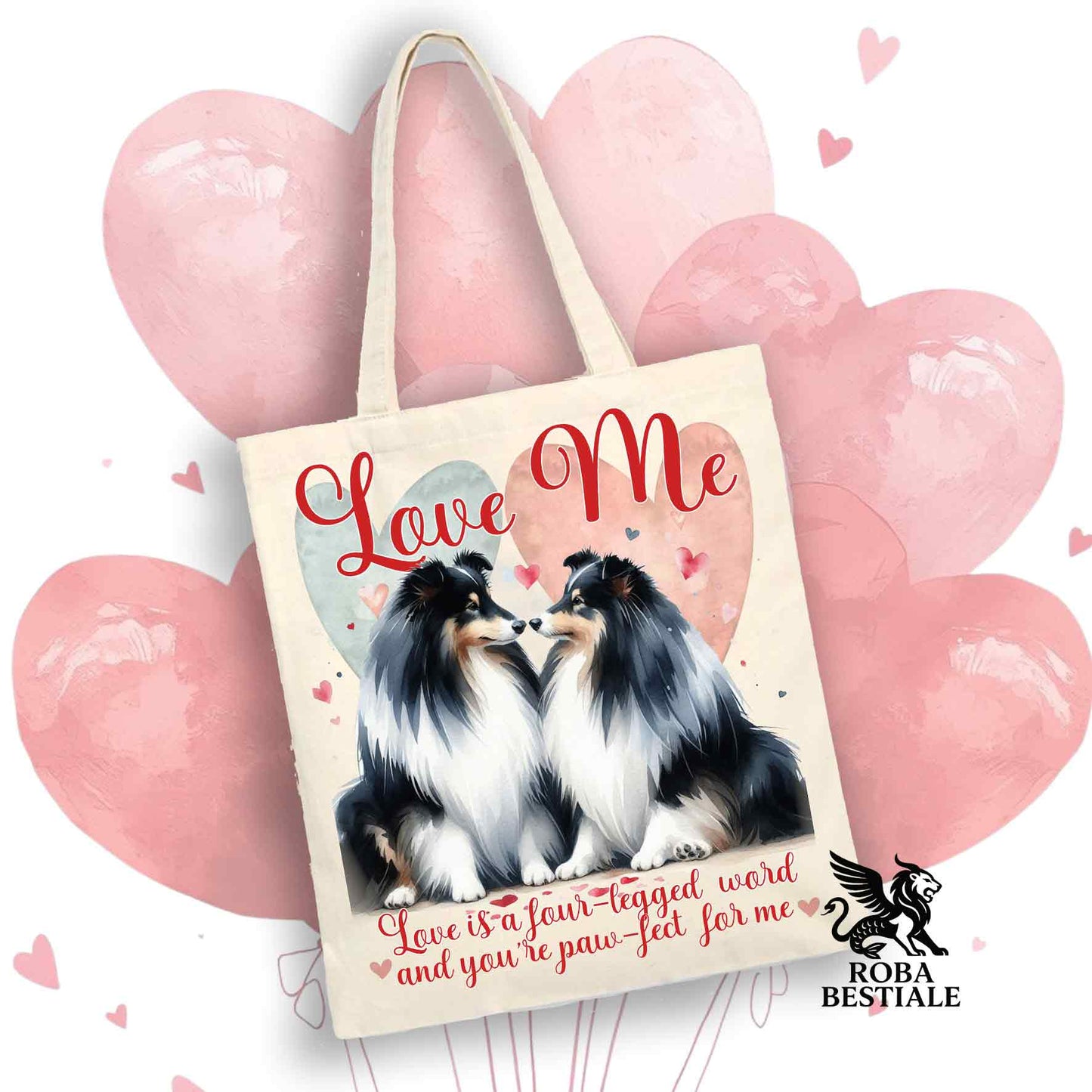 Tote Bag LOVE ME - SHETLAND SHEEPDOG Black Tricolor - 100% Cotone - Bianca o Beige