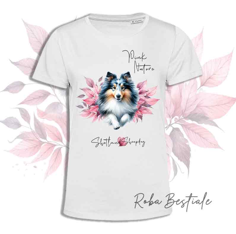 T-Shirt PINK NATURE - SHETLAND SHEEPDOG Blue Merle - Uomo o Donna - dalla XS alla 5XL