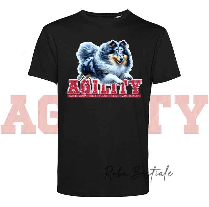 T-Shirt AGILITY PATH - SHETLAND SHEEPDOG Blue Merle - Bianca o Nera - Uomo o Donna - dalla XS alla 5XL