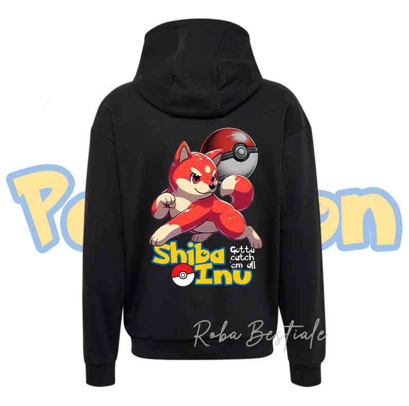 Felpa Invernale POKEMON - SHIBA INU Rosso - Con Cappuccio, Unisex - Grigia o Nera - dalla XS alla 3XL