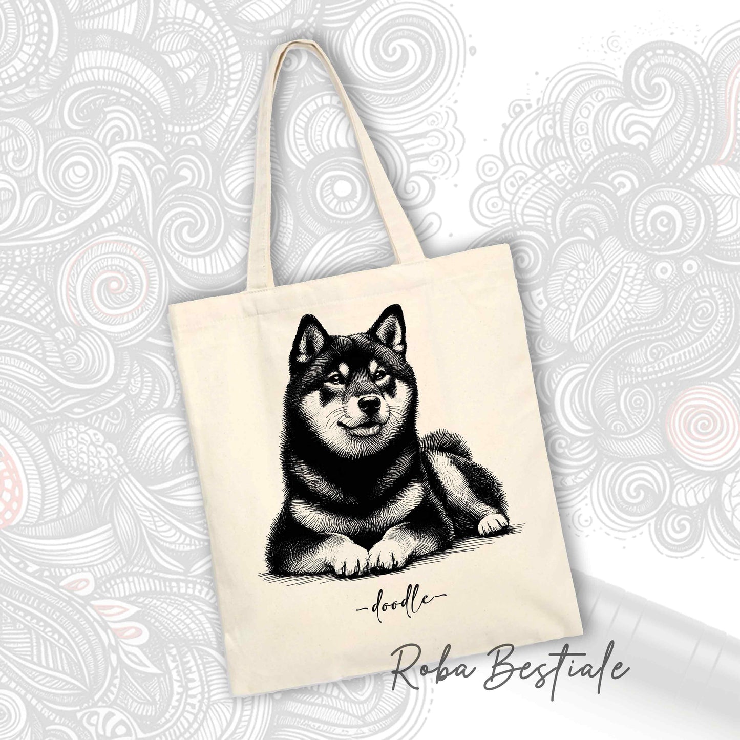 DOODLE Elegance Shopper - SHIBA INU Black Tricolor - Various colors available, 100% Cotton
