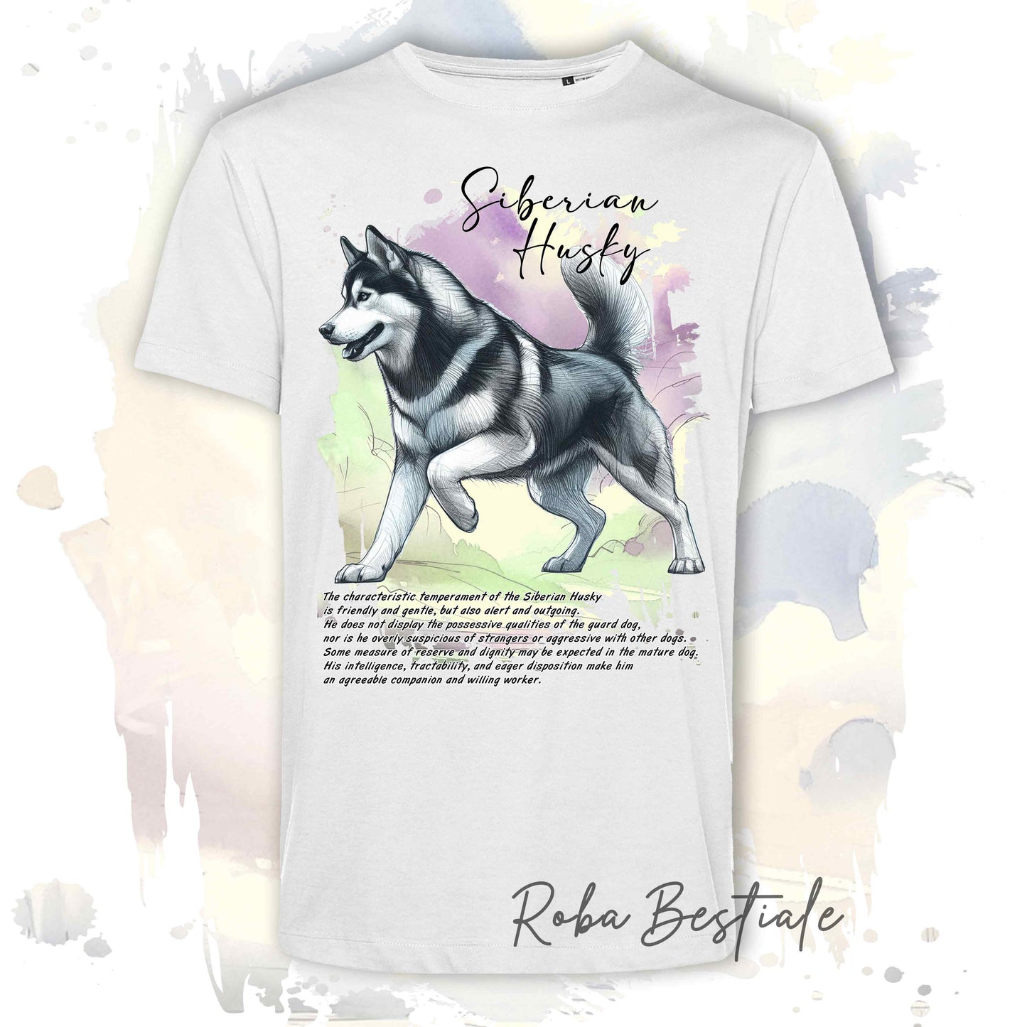 T-Shirt BEHAVIOR - SIBERIAN HUSKY Grigio - Standard FCI - 100% Cotone, Bianca, Uomo o Donna - dalla XS alla 5XL