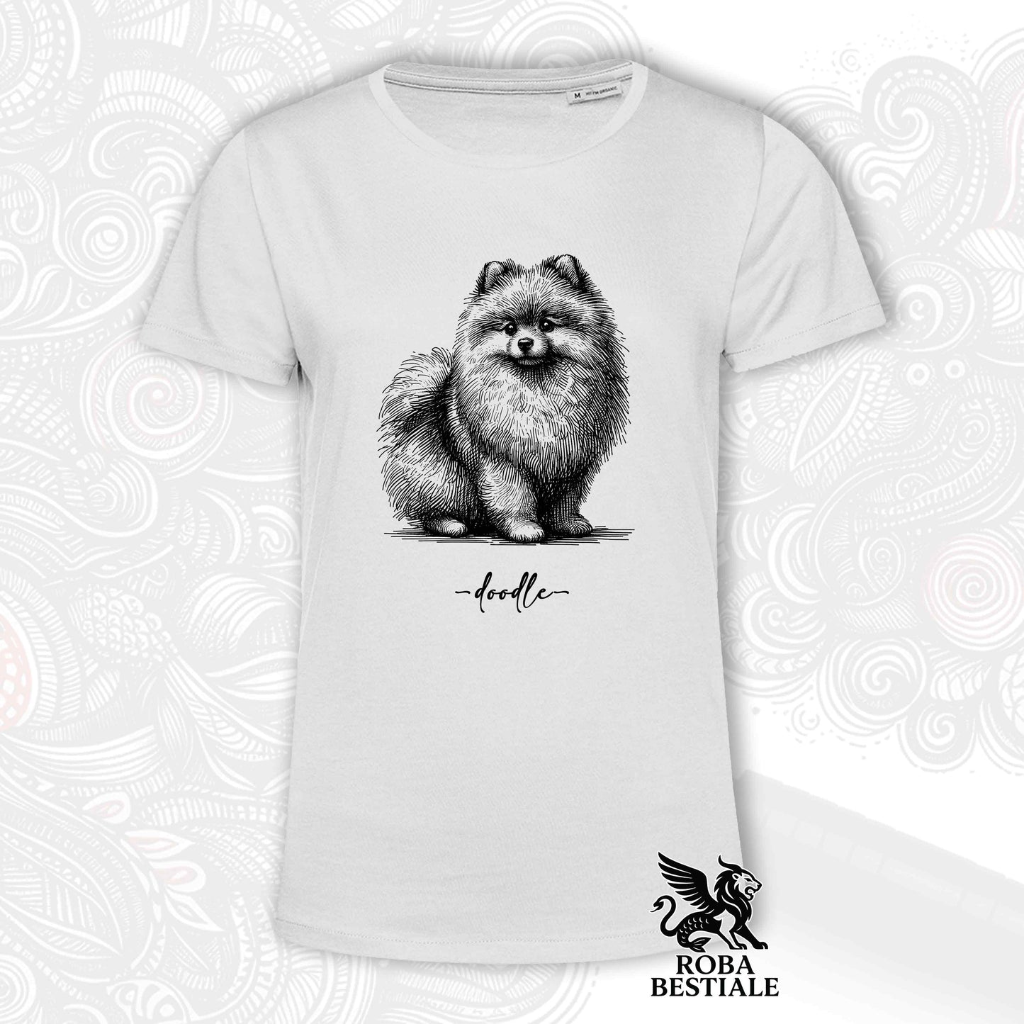 T-Shirt DOODLE - SPITZ TEDESCO TOY "POMERANIA" - Bianca o Beige, da Uomo o da Donna - dalla XS alla 5XL