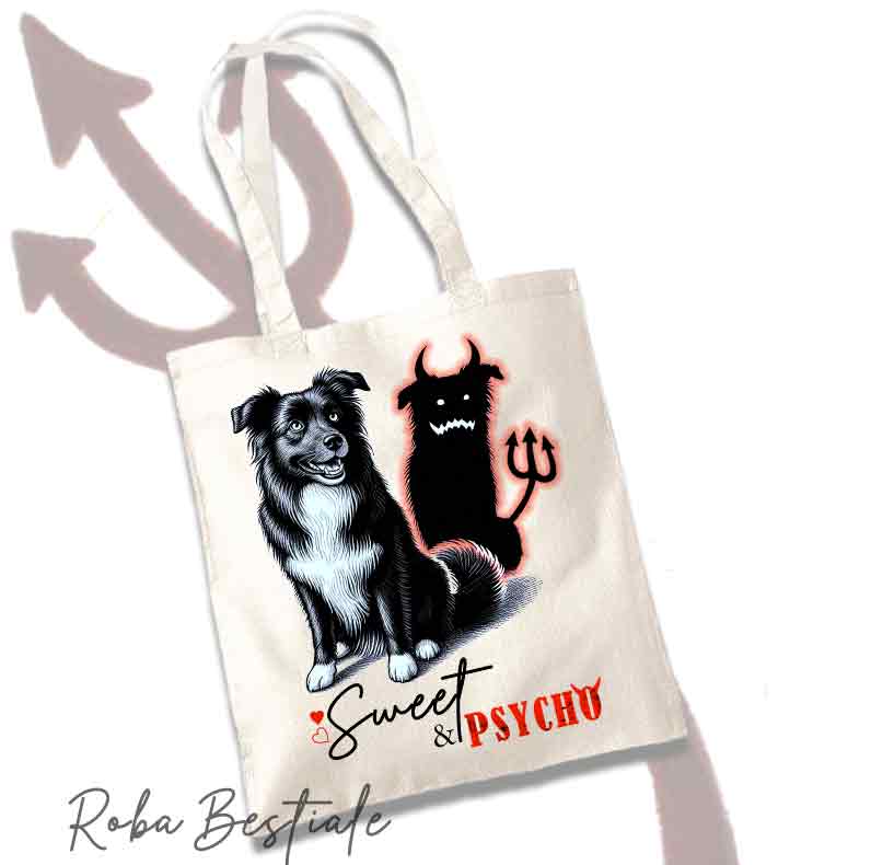 Shopper SWEET&PSYCHO - BORDER COLLIE Bianco & Nero - 100% Cotone - Bianca o Beige