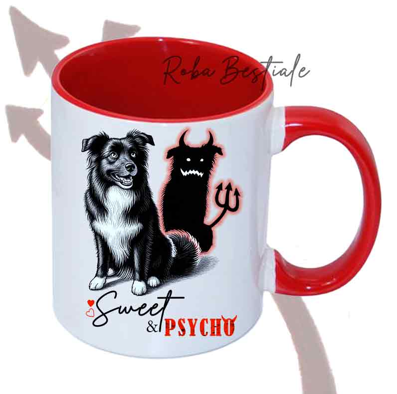 Tazza SWEET&PSYCHO - BORDER COLLIE Bianco & Nero - Manico e Interno Colorati - In Ceramica, 330 ml