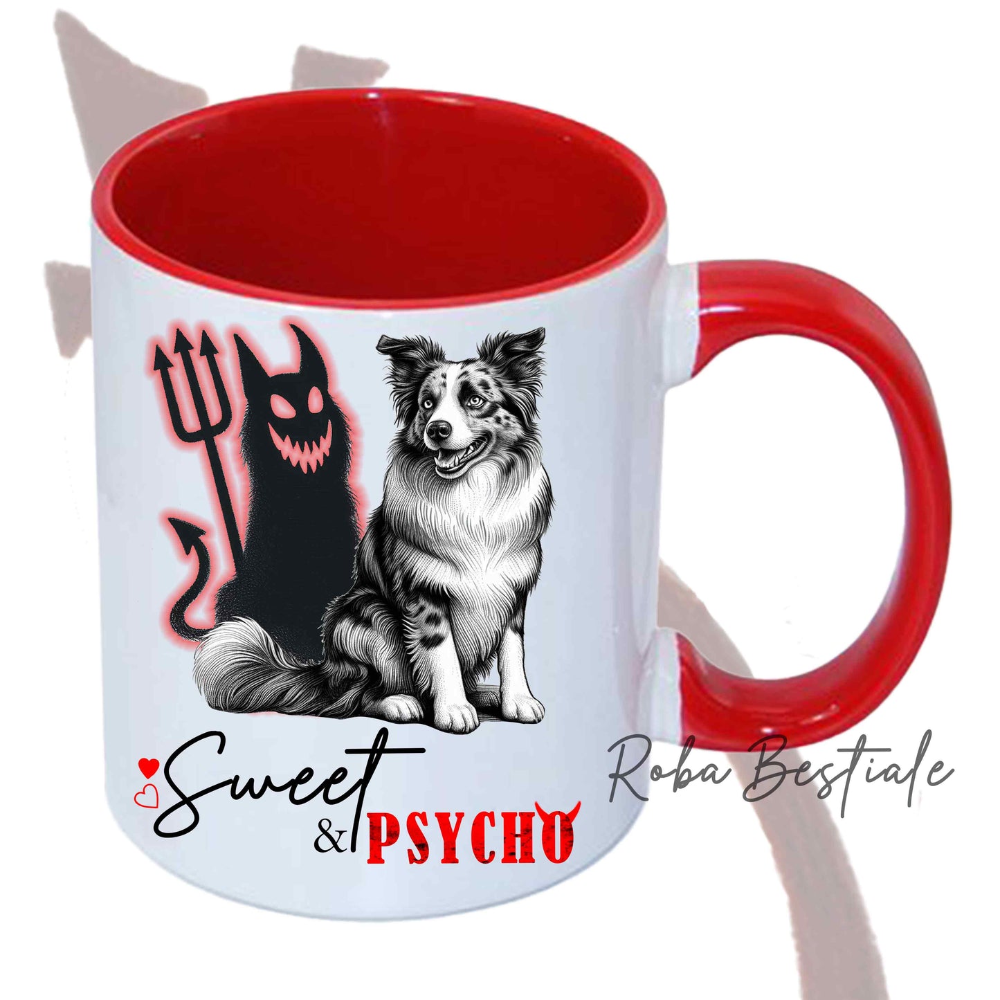 Tazza SWEET&PSYCHO - BORDER COLLIE Blue Merle - Manico e Interno Colorati - In Ceramica, 330 ml