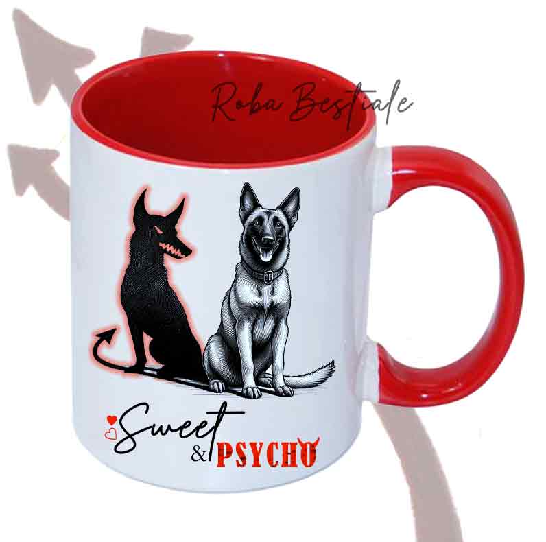 Tazza SWEET&PSYCHO - PASTORE BELGA MALINOIS - Manico e Interno Colorati - In Ceramica, 330 ml