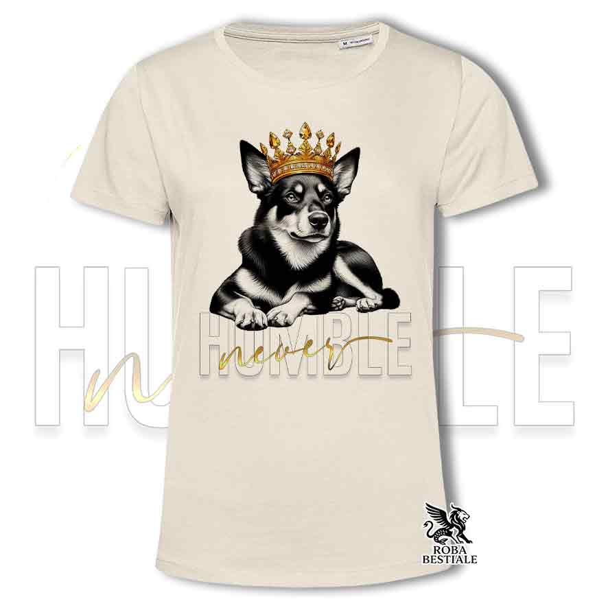 T-shirt stampata con Australian Kelpie, colore beige con grafica Never Humble