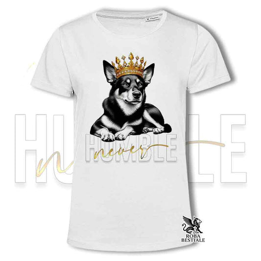 T-shirt stampata con Australian Kelpie, colore bianco con grafica Never Humble