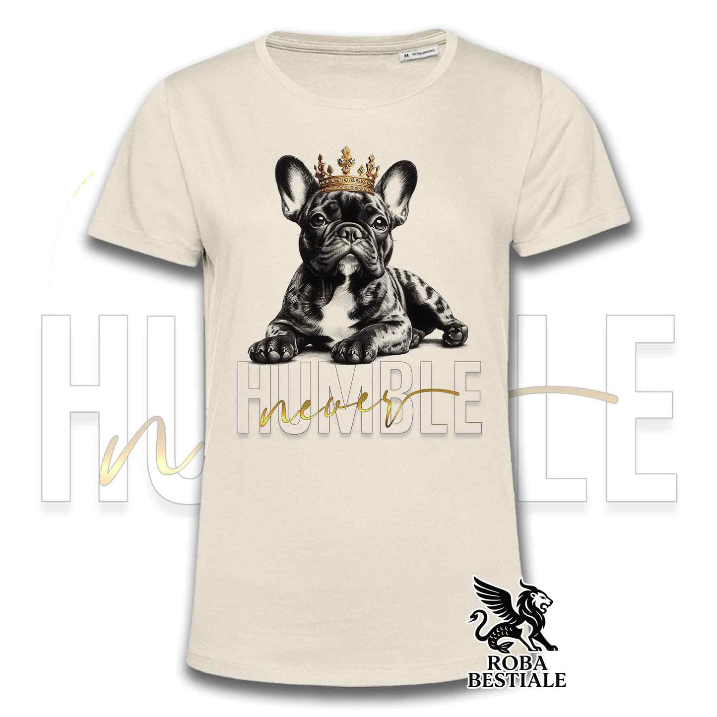 T-shirt stampata con Bouledogue Francais, colore beige con grafica Never Humble
