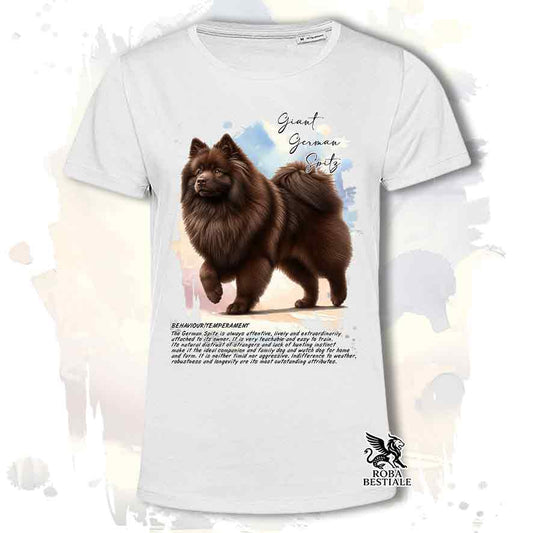 T-shirt stampata con Spitz Tedesco Grande marrone, colore bianco con grafica Behavior
