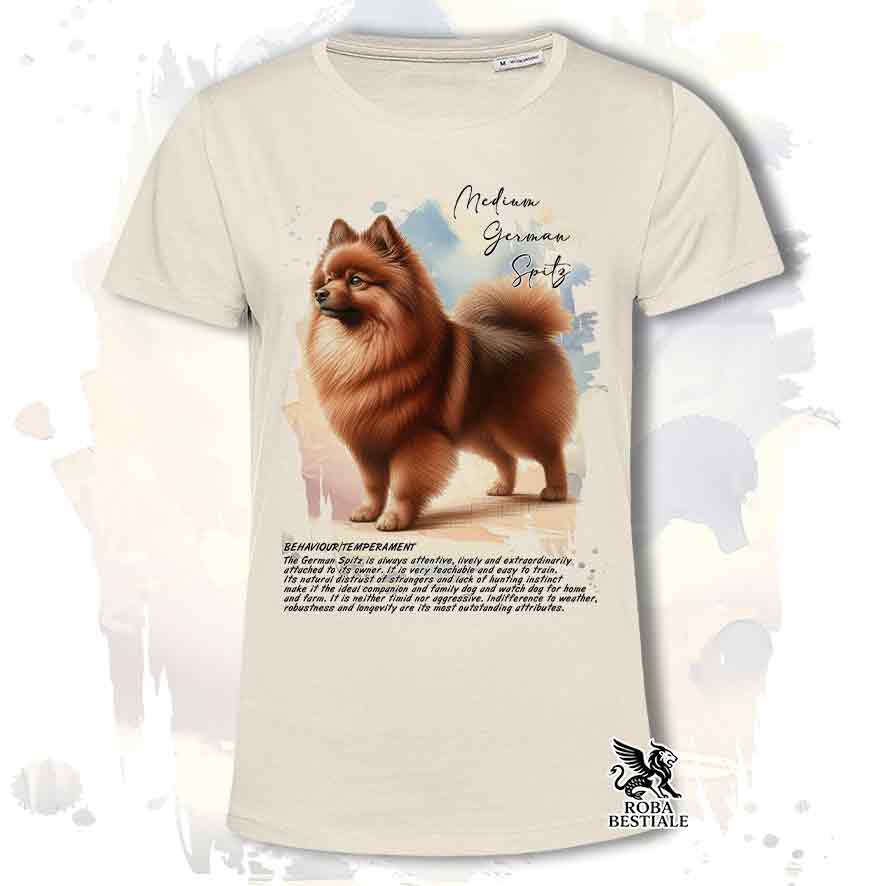T-shirt stampata con Spitz Tedesco Medio marrone, colore beige con grafica Behavior