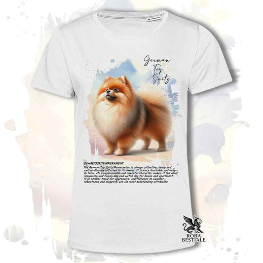 T-shirt stampata con Spitz Tedesco Nano Toy arancio, colore bianco con grafica Behavior