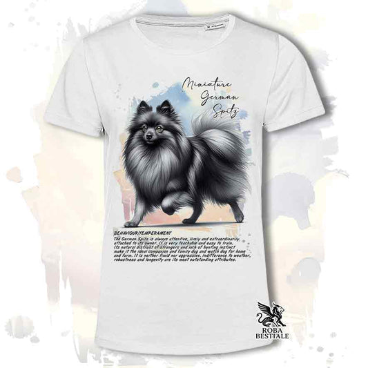 T-shirt stampata con Spitz Tedesco Piccolo grigio sfumato, colore bianco con grafica Behavior