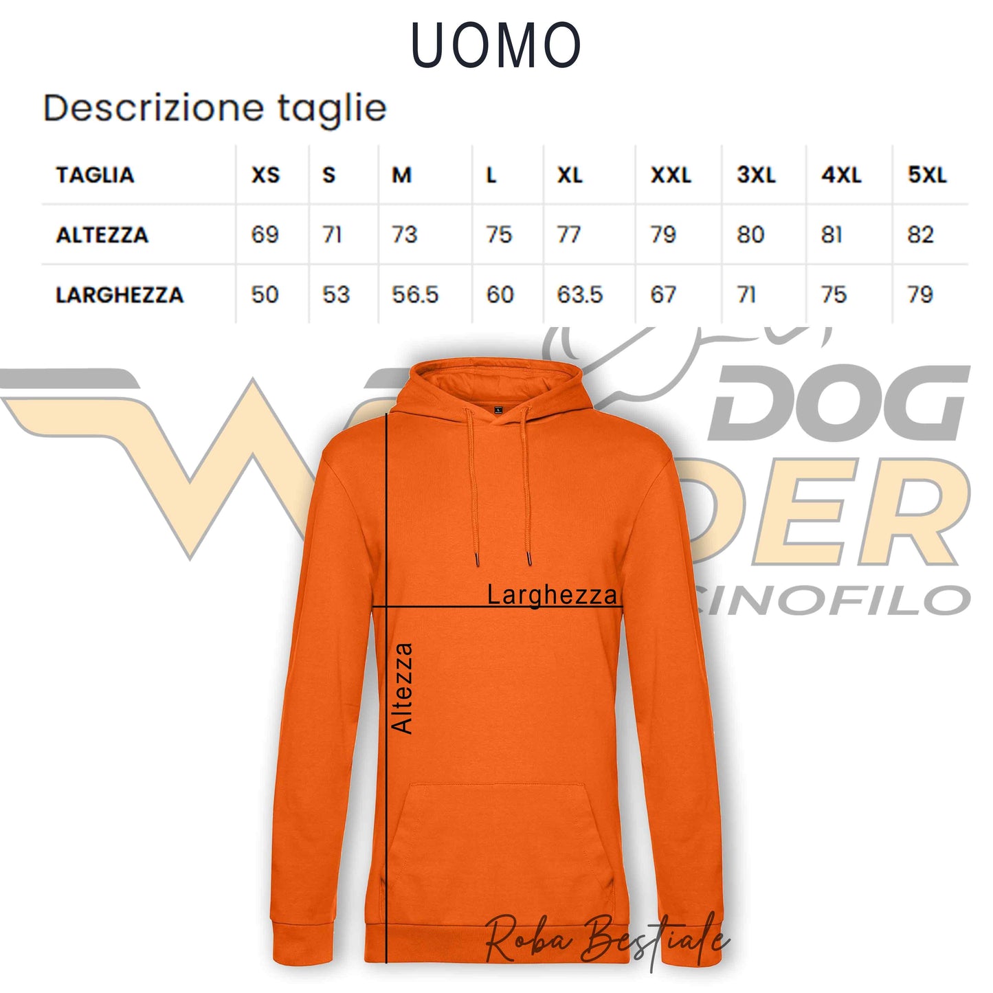 Felpa estiva WONDERDOG - ARANCIONE, Con Cappuccio - UOMO o DONNA - dalla XS alla 5XL