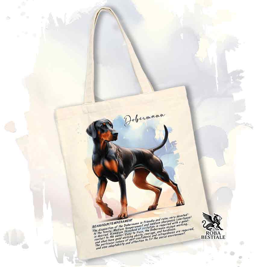 Tote bag Dobermann nero focato con grafica Behavior colore beige