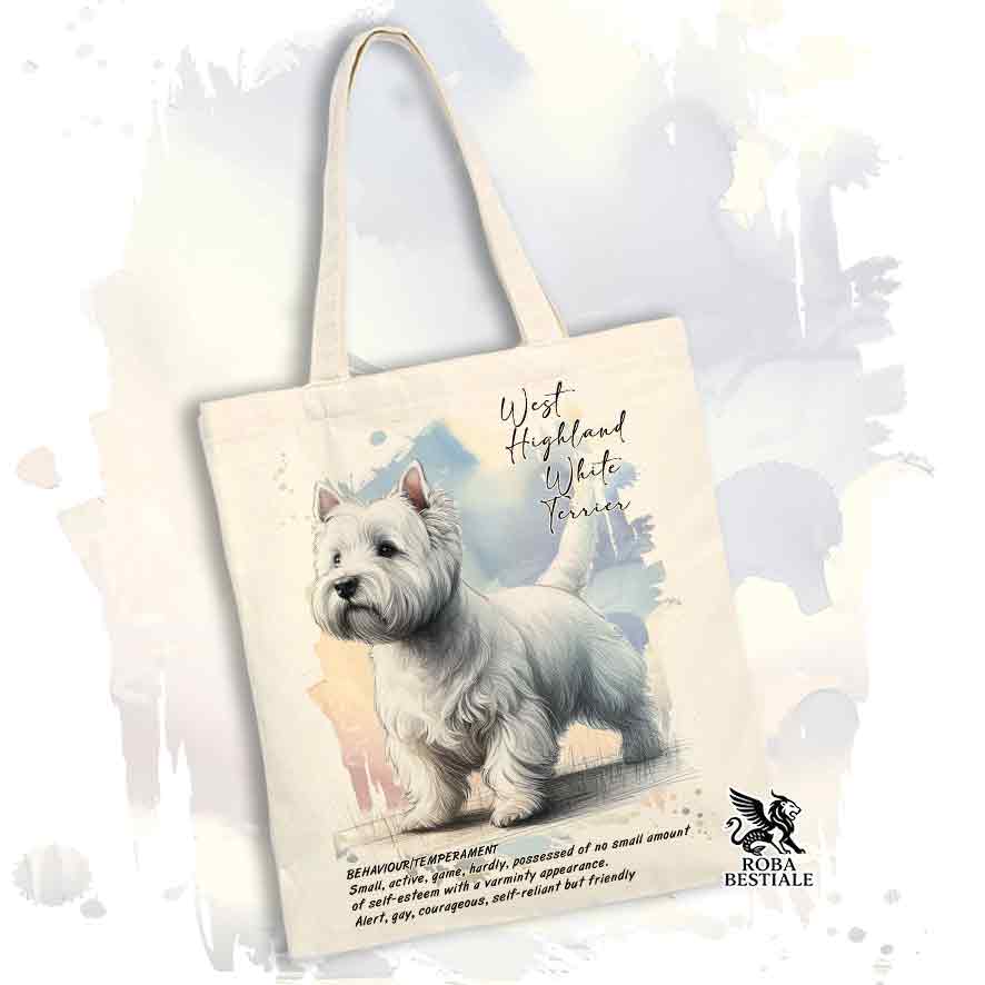 Tote bag West Highland White Terrier con grafica Behavior colore beige