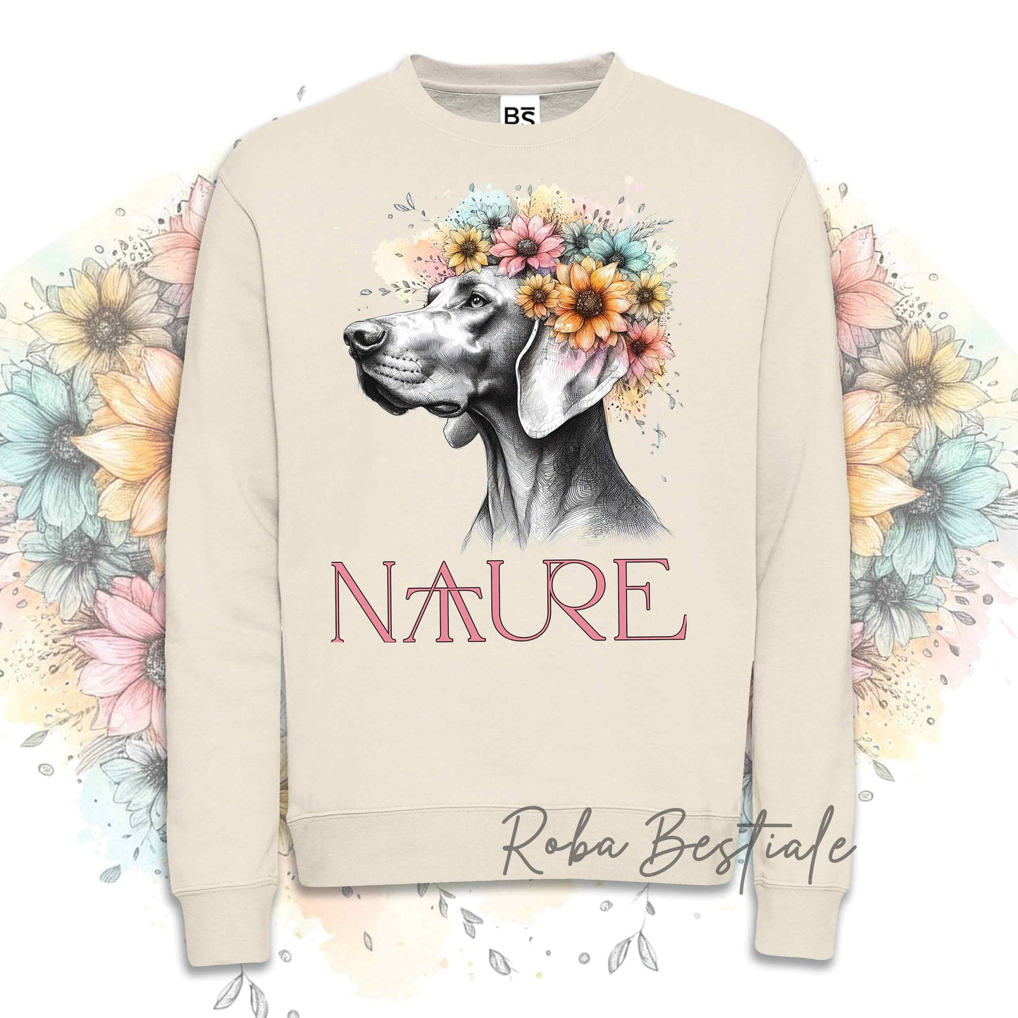 Felpa NATURE - WEIMARANER - Girocollo, Unisex - Off White, Bianca o Grigia - dalla XS alla 3XL