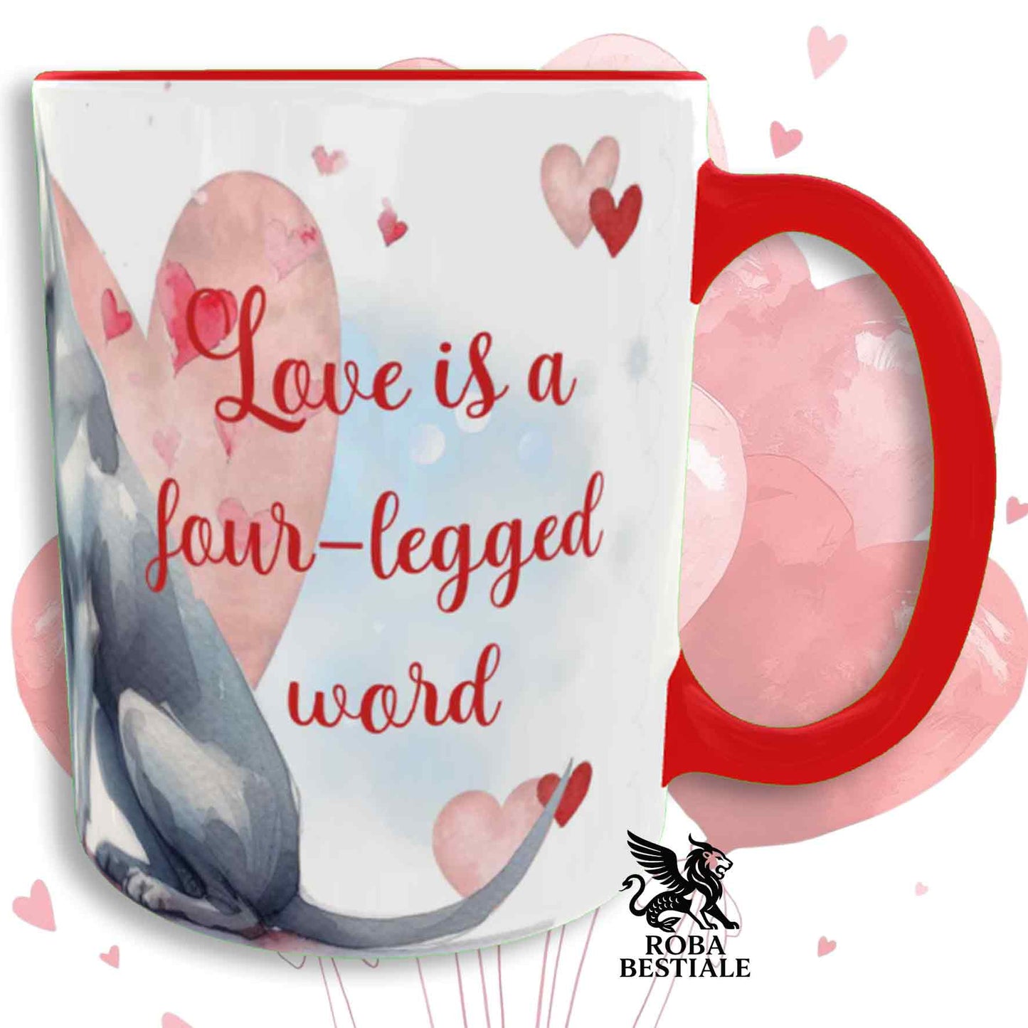 Tazza LOVE ME - WEIMARANER Grigio Argento - In Ceramica, con dettagli Rossi - 330 ml