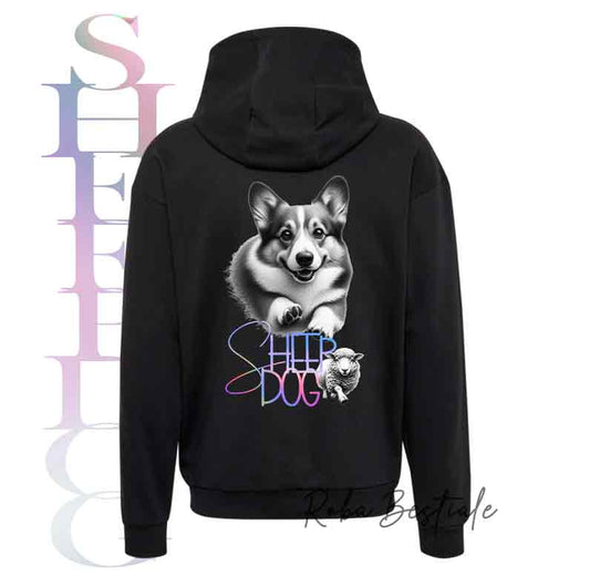 Felpa FLASHY SHEEPDOG - WELSH CORGI CARDIGAN - Unisex - Nera o Grigia - dalla XS alla 3XL - Scritta Olografica Cangiante!