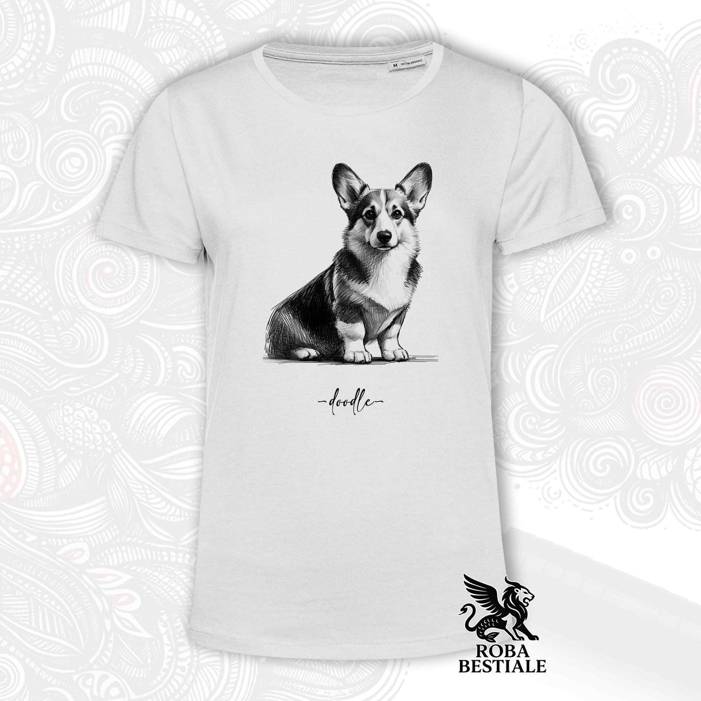 T-Shirt DOODLE - WELSH CORGI CARDIGAN - Bianca o Beige, da Uomo o da Donna - dalla XS alla 5XL