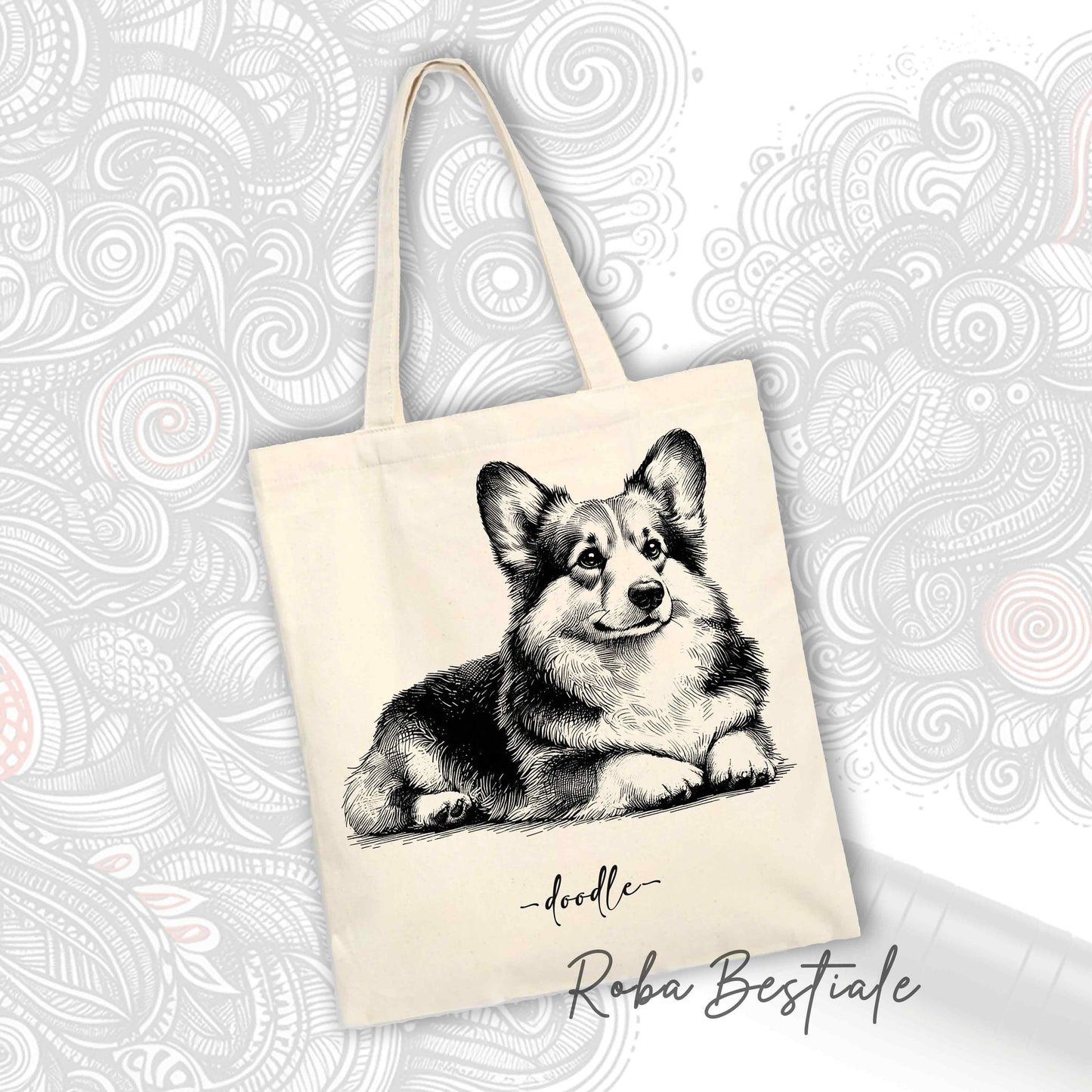 DOODLE Elegance Shopper - Welsh Corgi Pembroke - Various colors available, 100% Cotton