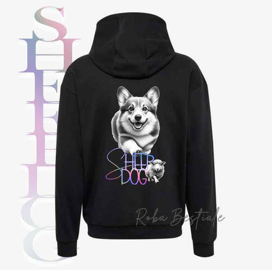 Felpa FLASHY SHEEPDOG - WELSH CORGI PEMBROKE - Unisex - Nera o Grigia - dalla XS alla 3XL - Scritta Olografica Cangiante!