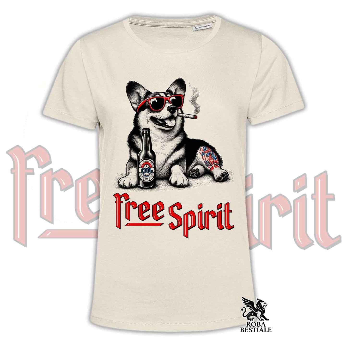 T-Shirt FREE SPIRIT - WELSH CORGI PEMBROKE - Bianca o Beige, da Uomo o da Donna - dalla XS alla 5XL