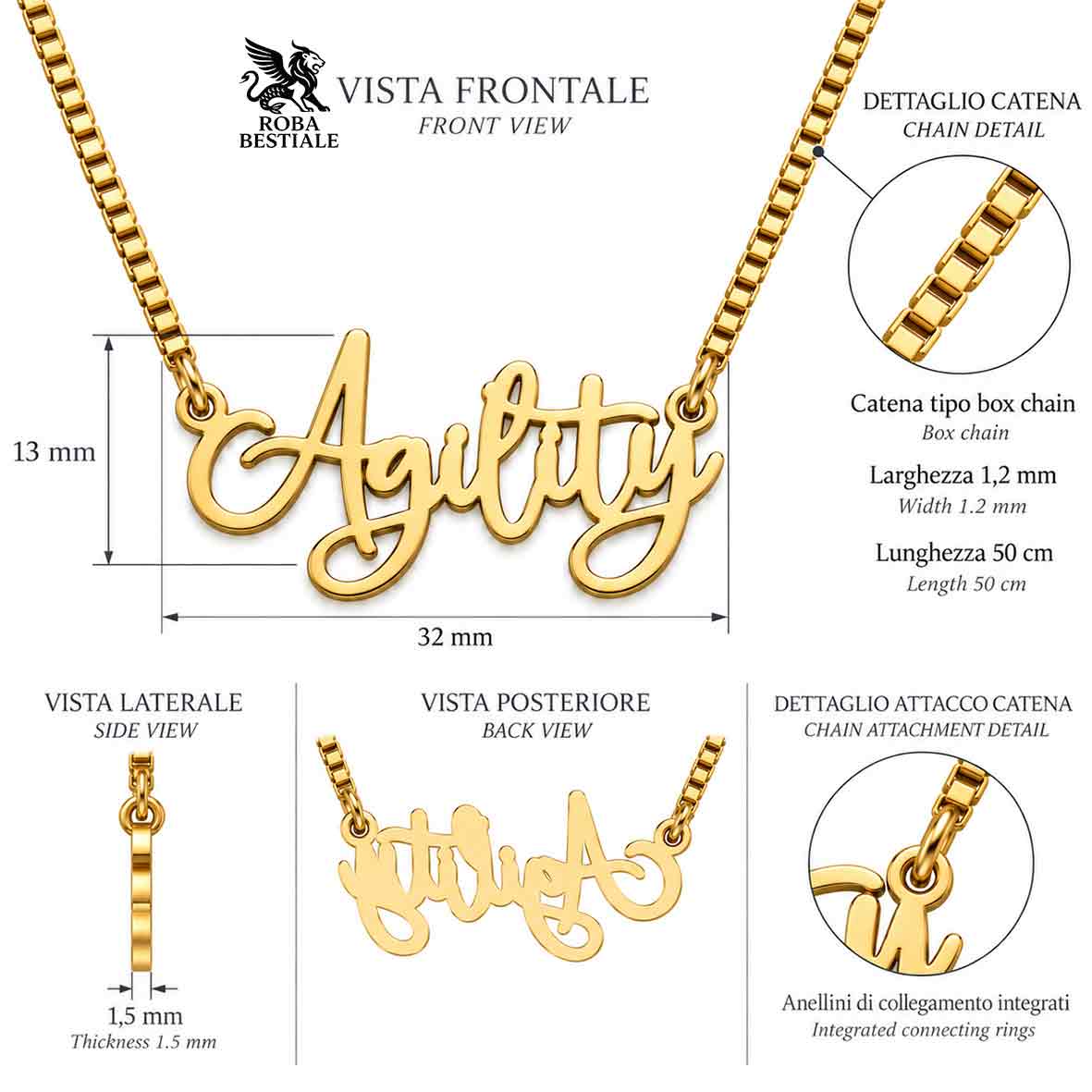 Collier KIRA PET JEWELRY - AGILITY - En Acier Inoxydable couleur OR - Avec chaîne à maillons serrés