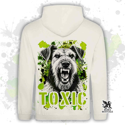 Felpa con cappuccio crema con stampa cane e scritta TOXIC