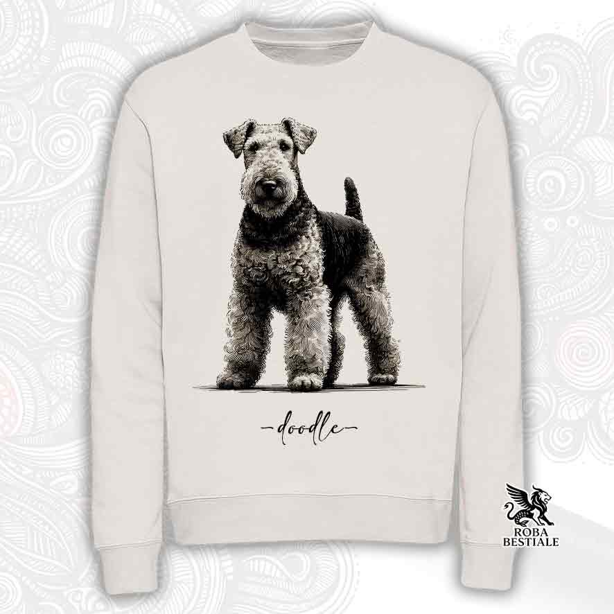 Felpa off white girocollo, stampata con un Airedale Terrier, grafica Doodle