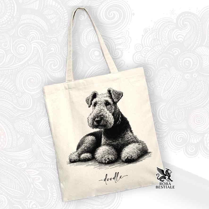Tote bag beige stampata con un Airedale Terrier, grafica Doodle