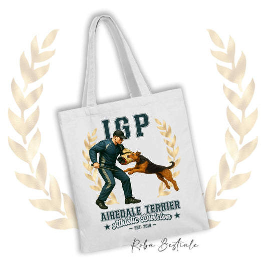 Borsa shopper stampata con un Airedale Terrier che fa IGP. Grafica originale Roba Bestiale
