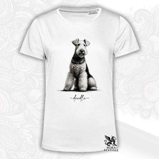 T-shirt bianca stampata con un Airedale Terrier, grafica Doodle